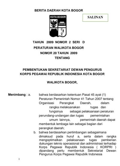 Berita Daerah Kota Bogor Tahun Nomor Seri D Peraturan Walikota