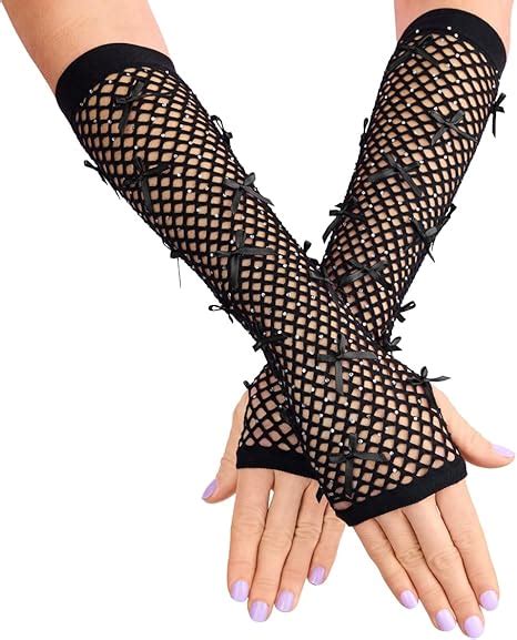 Amazon Xo Fetti Black Bow Rhinestone Fishnet Gloves Rave