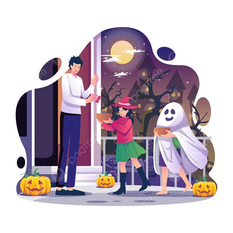 Trick Or Treat Illustration Concept A Man Is Giving Candy To Happy Two