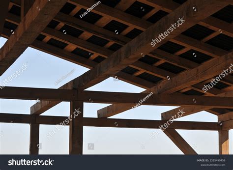 Construction Site House Made Wooden Pillars Stock Photo 2215490459 ...