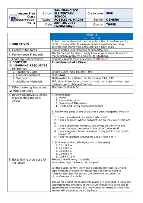 Co 1 Dlp In Math Cot Lesson Plan Class Observation No 1 School San Francisco Elementary