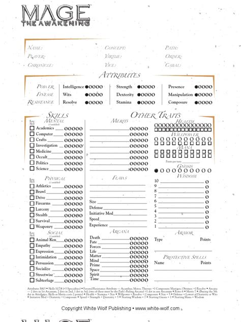 Mage the Awakening Character Sheet | Tabletop Games | Leisure Activities