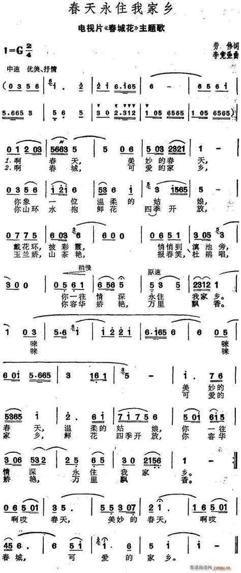 春天永住我家乡（电视片《春城花》主题歌） 歌谱简谱网