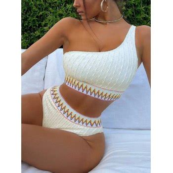 Emmiol Free Shipping 2024 Ethnic One Shoulder Bikini Set White S In