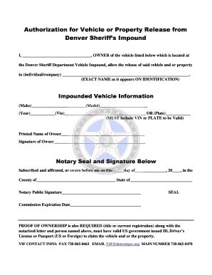 Fillable Online Authorization For Vehicle Or Property Release From