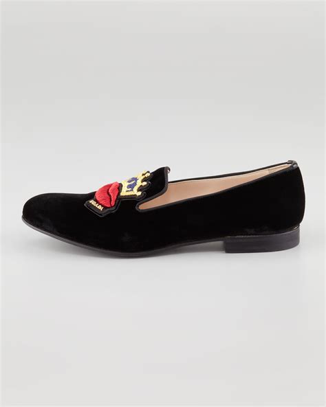 Prada Velvet Lip Embroidered Smoking Slipper In Black Lyst