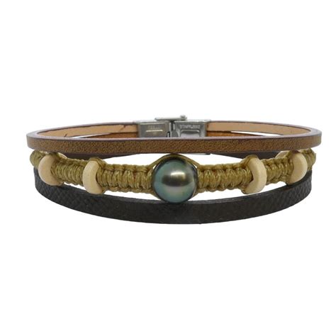 Bracelet Pour Homme Cuir De Luxe Et Perle De Tahiti KUATAE Couleur Sable