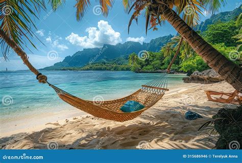 Empty Hammock In The Shade Of Palm Trees On Tropical Beach Stock Photo