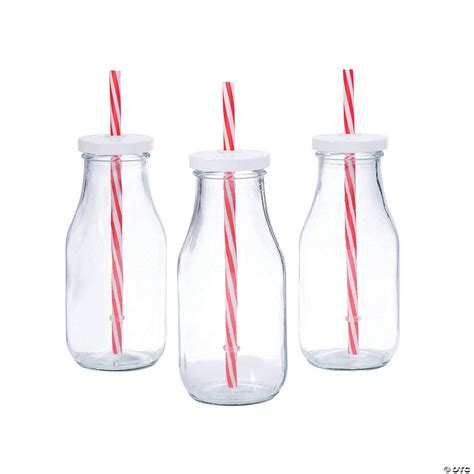 Clear Glass Milk Bottles with Striped Straws