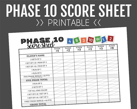 Phase 10 Score Sheet Printable Score Sheet Digital Instant Download