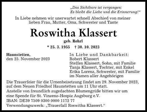 Traueranzeigen Von Roswitha Klassert Augsburger Allgemeine Zeitung