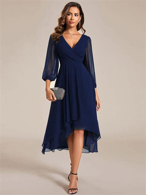 ever BRIAR|Elegant Long Sleeve V-Neck High Low Chiffon Wedding Guest D ...