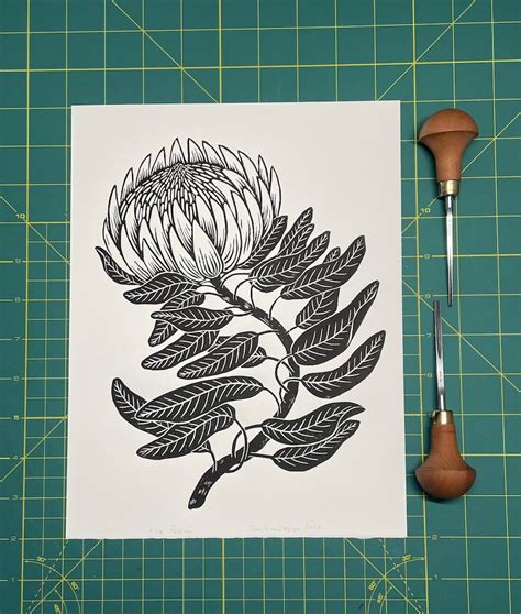 Protea Original Linocut Print Handmade King Protea Print Mothers Day