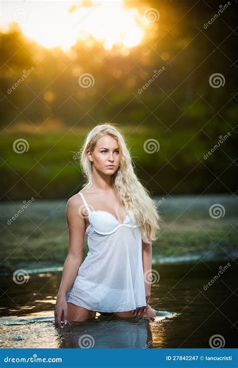 Blonde Woman In Lingerie In A River Water Stock Image Image Of Nature