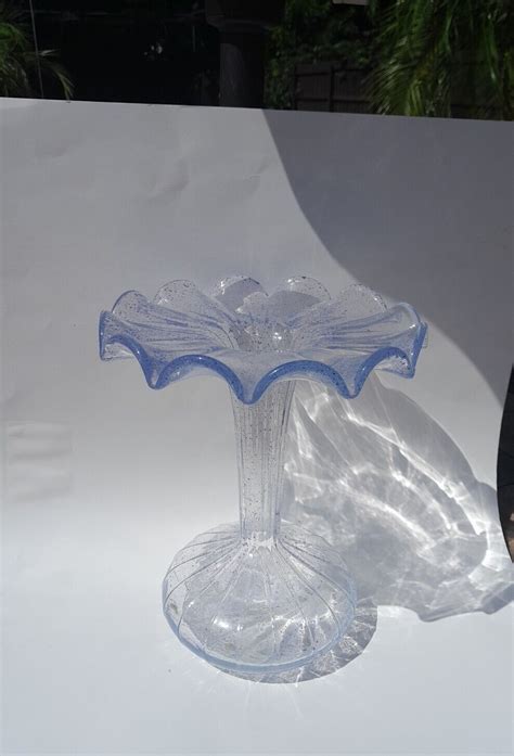 Murano Clear Glass Blue Speckled Ruffle Vase 12 Tall EBay