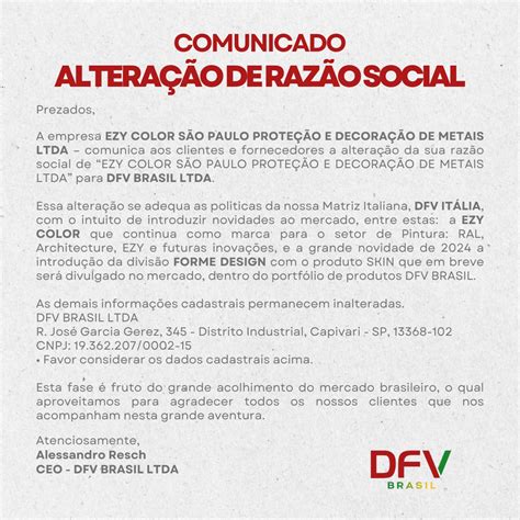 COMUNICADO ALTERAÇÃO DE RAZÃO SOCIAL Ezy Color