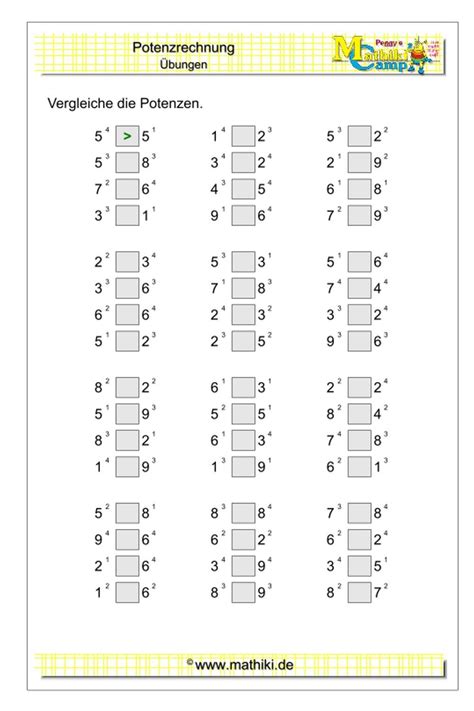 übungsblätter Mathe Klasse 5 Potenzen