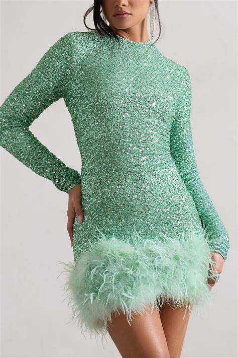 Claudia Mint Sequin High Neck Feather Hem Mini Dress With Long Sleev