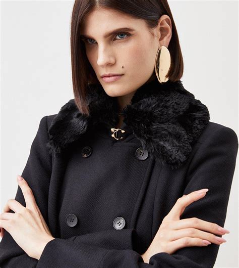 Buy Karen Millen Italian Wool Blend Faux Fur Collar Belted Coat In