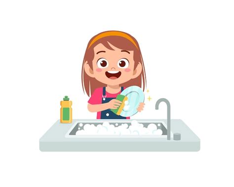 Feliz Menina Bonitinha Lavando O Prato Na Ilustra O Da Cozinha Isolada