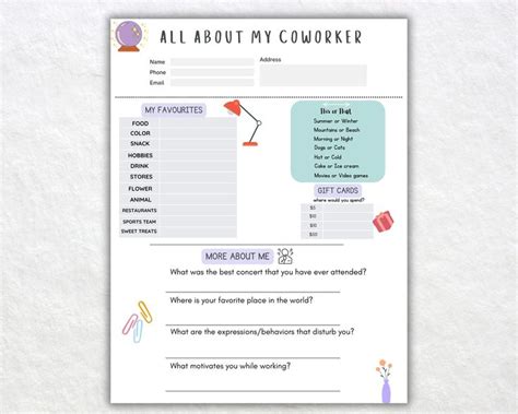 Coworker Questions Printable All About Me Employee Questionnaire