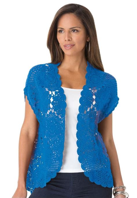 Roamans Womens Plus Size Hand Crocheted Cardigan Vibrant Blue 3x At Am Plus Size