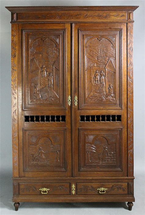 Lot French Provinicial Carved Oak Armoire Brittany