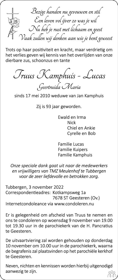 Truus Geertruida Maria Kamphuis Lucas 03 11 2022 Overlijdensbericht