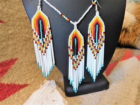 Hand Beaded Earrings Set Hand Beaded Necklace Native American Jewelry