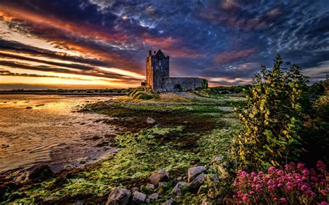 Download wallpapers Dunguaire Castle, 4k, sunset, HDR, Galway Bay ...