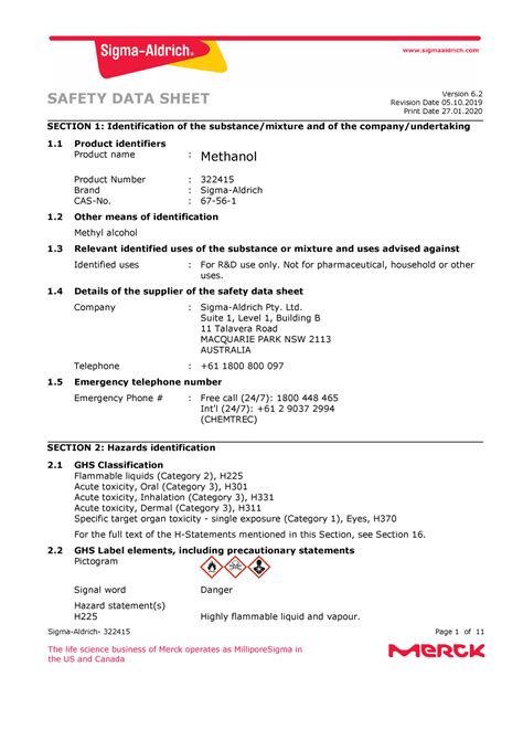 Methanol MSDS 123 Sigma Aldrich 322415 Page 1 Of 11 The Life