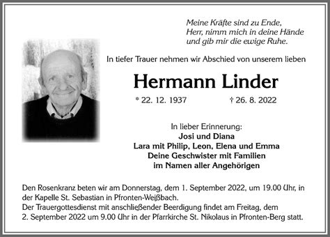 Traueranzeigen Von Hermann Linder Allg Uer Zeitung