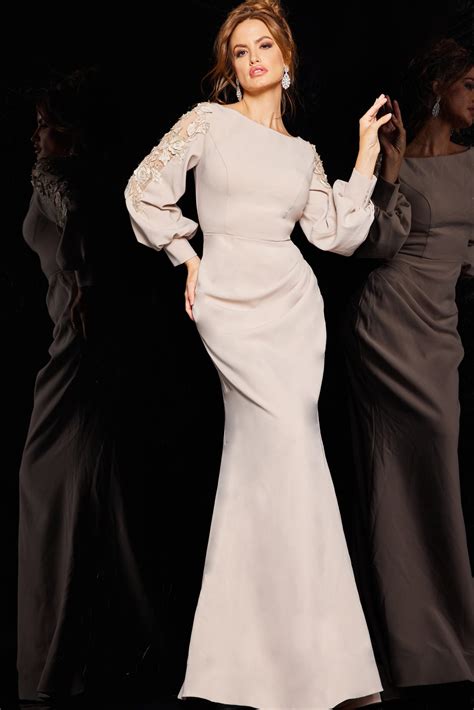 Beige Long Sleeve Ruched Formal Gown 09470 - Jovani