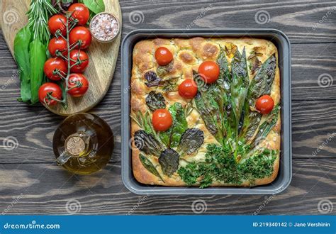 Homemade Baked Flower Focaccia Bread Art With Herbs And Vegetables