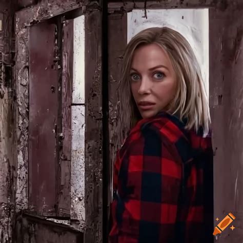 Blonde Woman In Red Plaid Shirt And Black Leather Trousers Peeking