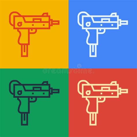 Pop Art Line Uzi Submachine Gun Icon Isolated On Color Background