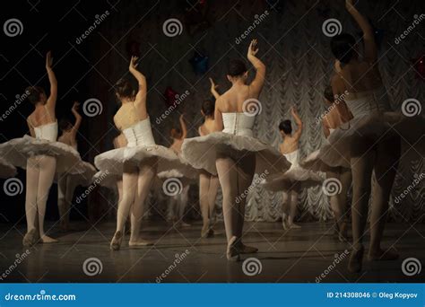 Ballerinas On Stage In White Tutus The Ballerinas Bowed To The Floor The Girls Perform The