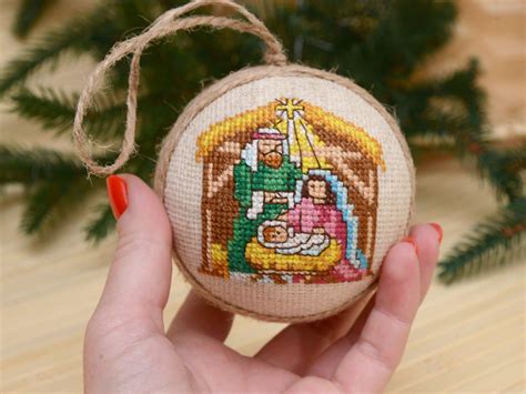 Nativity Scene Christmas Cross Stitch Tree Ornament Hand Etsy In 2021 Christmas Cross Stitch