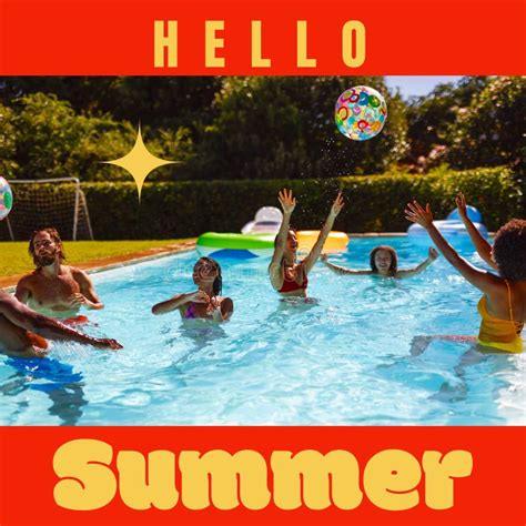 Composite Of Hello Summer Text And Multiracial Friends Playing And