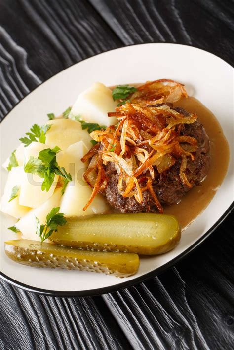 Danish Beef Patties Hakkebof Made From Beef Mince Served With Potatoes