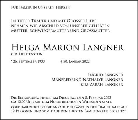 Traueranzeigen Von Helga Marion Langner Vrm Trauer De