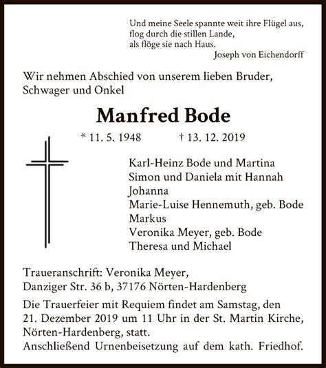 Traueranzeigen Von Manfred Bode Trauer Hna De