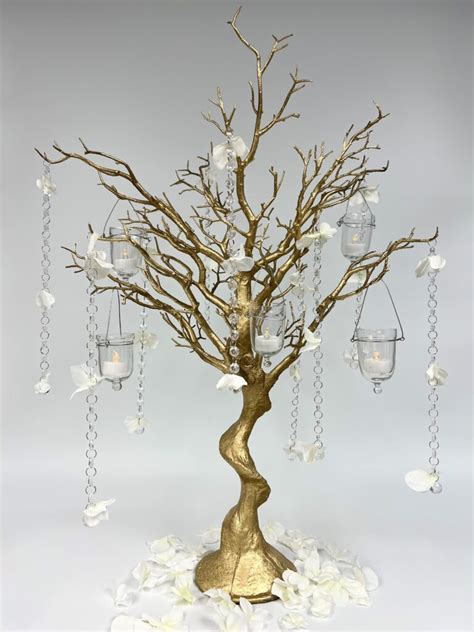 Gold Tree With White Flower Crystal Chains Hanging Votives Chair