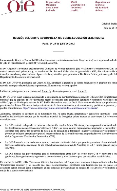 ReuniÓn Del Grupo Ad Hoc De La Oie Sobre EducaciÓn Veterinaria París