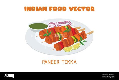 Indian Paneer Tikka Indian Grilled Paneer Tandoori Snack Flat Vector