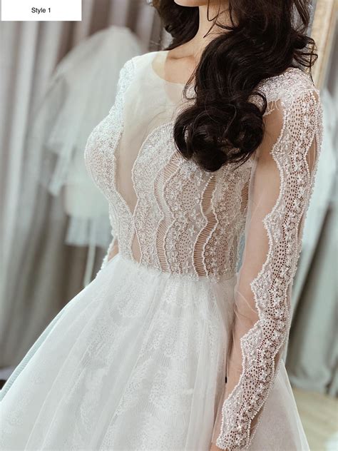 Feminine Sexy Long Sleeve V Neck Floral Lace White Ball Gown Wedding Dress Various Styles