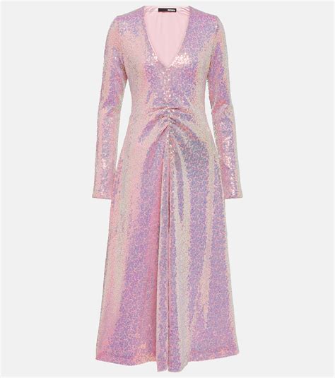 Rotate Birger Christensen Ruched Sequined Midi Dress In Pink Lyst