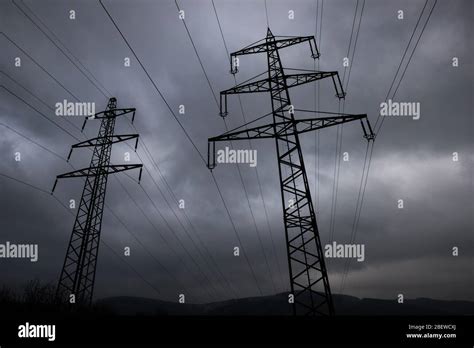 Electricity Pylon Evening Winter Storm Clouds Stock Photo Alamy