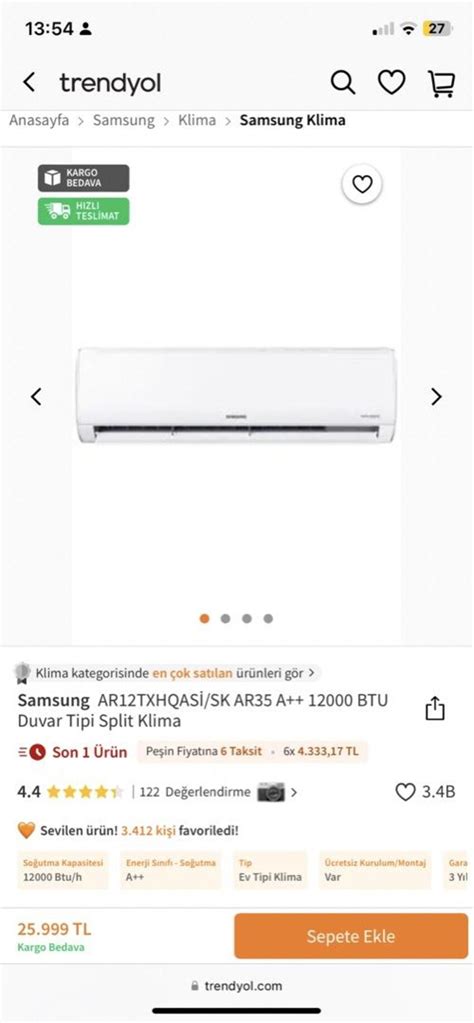 S F R Kutulu Klima Samsung Btu Di Er