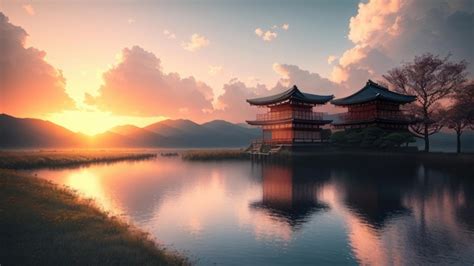 Premium Ai Image Sunset Over A Japanese Temple Wallpaper